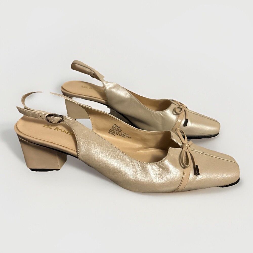 Vintage Y2K Liz Baker Leather Block Kitten Slingback Ballerina Heels Size 6.5